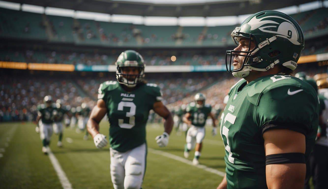 A football game in a packed stadium, with players in different colored uniforms on a green field, and fans cheering from the stands