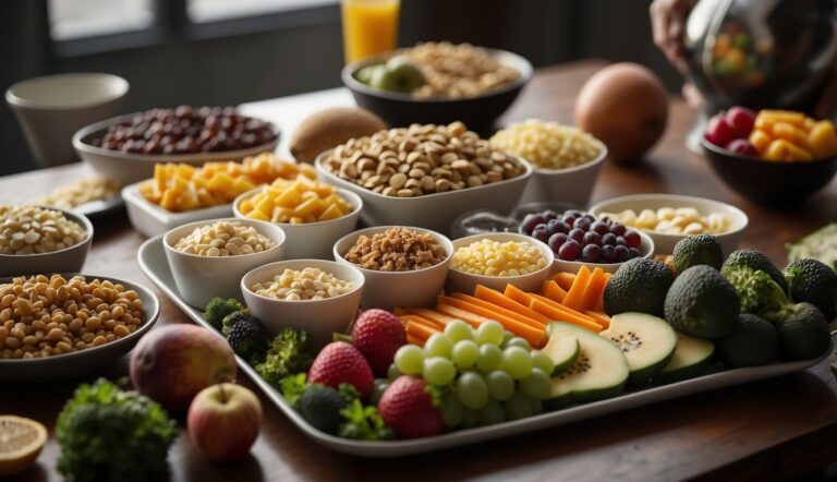 An American football player's nutrition plan laid out with balanced meals and snacks, including lean proteins, complex carbohydrates, and plenty of fruits and vegetables