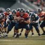 A defensive line in American football, standing strong and ready to tackle, with intense focus and determination