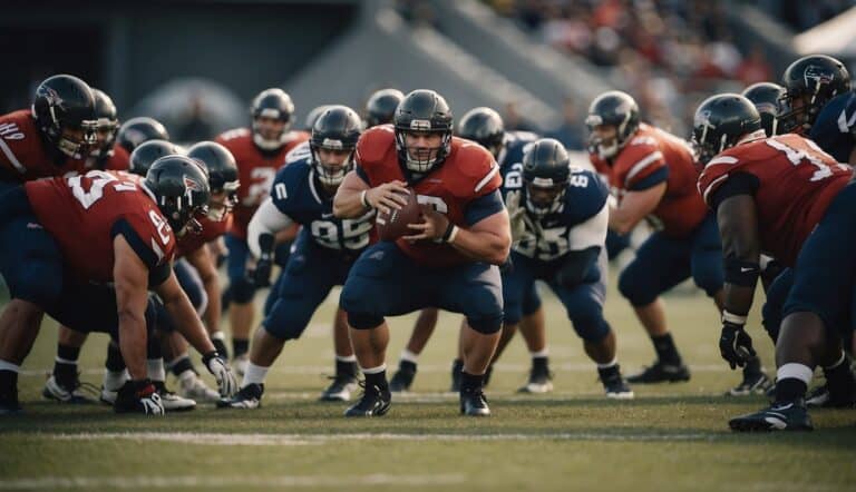 A defensive line in American football, standing strong and ready to tackle, with intense focus and determination