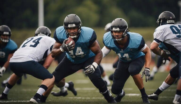 Players wearing protective gear, practicing safe tackling techniques on a field with a coach demonstrating proper form