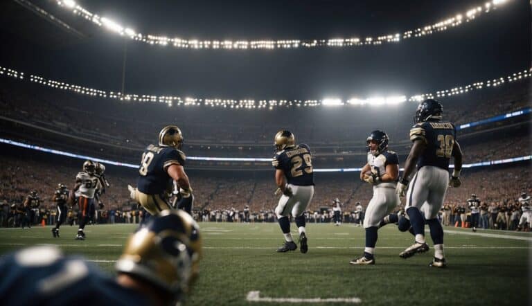 A packed stadium roars as two rival teams face off in the most famous American football game of all time. The players clash on the field, with the ball soaring through the air towards the end zone