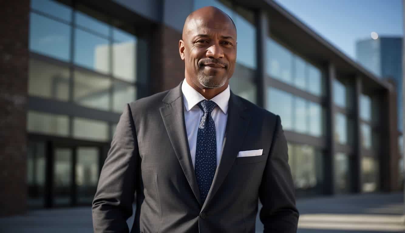 A retired NFL player in a suit, standing in front of a corporate office with a briefcase and a confident expression