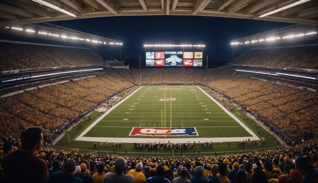 A football stadium filled with fans, one side adorned with NFL team colors and logos, the other with college team banners and mascots. The energy is palpable as the two distinct football cultures come together