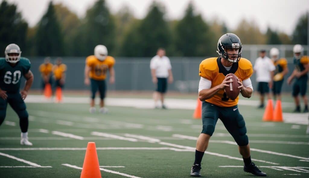 A quarterback practicing throwing techniques on a football field with cones and targets