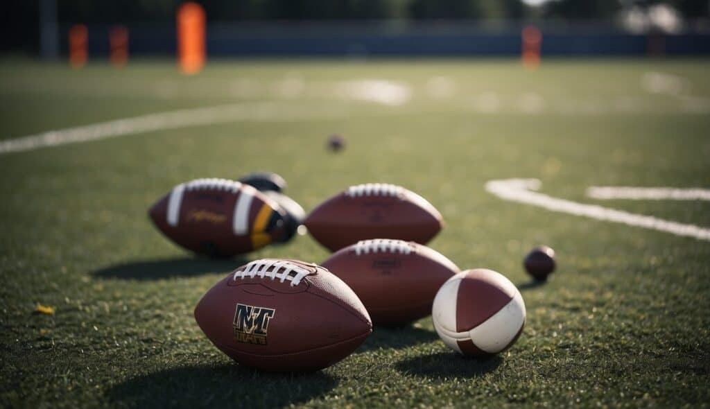 A quarterback's training equipment and tools laid out on a field, including cones, agility ladder, footballs, and a throwing net