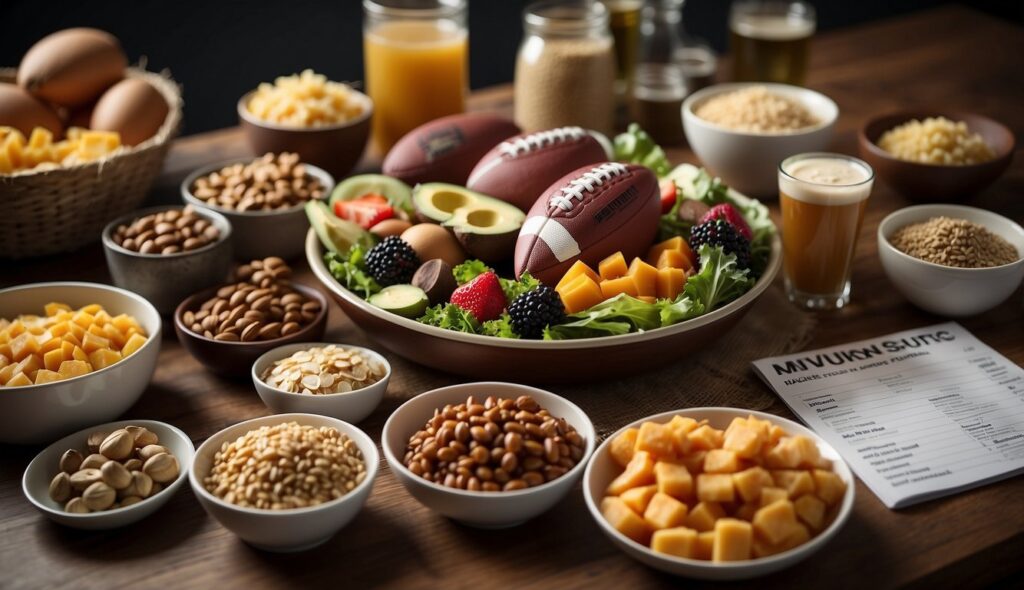 An American football player's nutrition plan laid out with food groups and portion sizes, alongside a training schedule and hydration guidelines