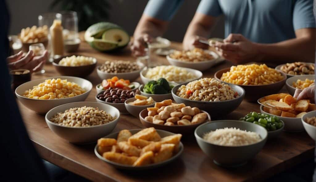A table filled with a variety of foods, including lean proteins, complex carbohydrates, and healthy fats. A nutritionist discussing meal plans with a group of American football players