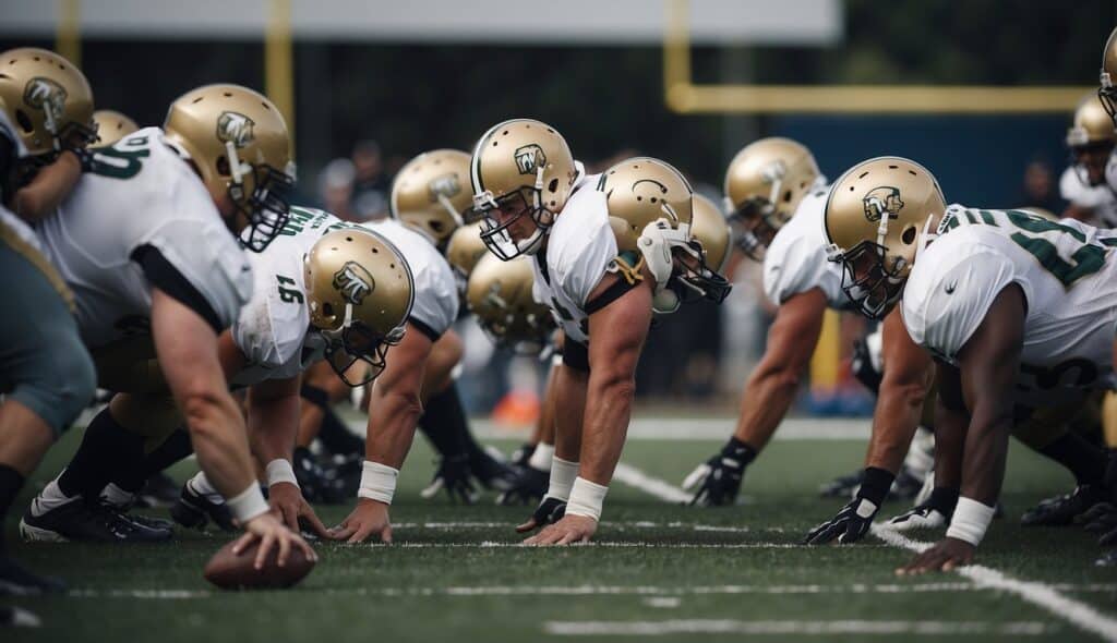 The defensive line crouches low, ready to pounce. Their eyes are fixed on the quarterback, muscles tensed, and ready to burst forward at the snap of the ball