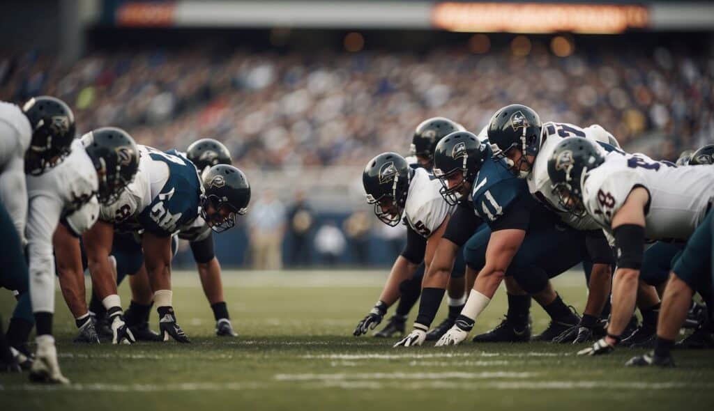 A group of powerful defensive linemen disrupt the opposing team's offense, showcasing their importance in American football