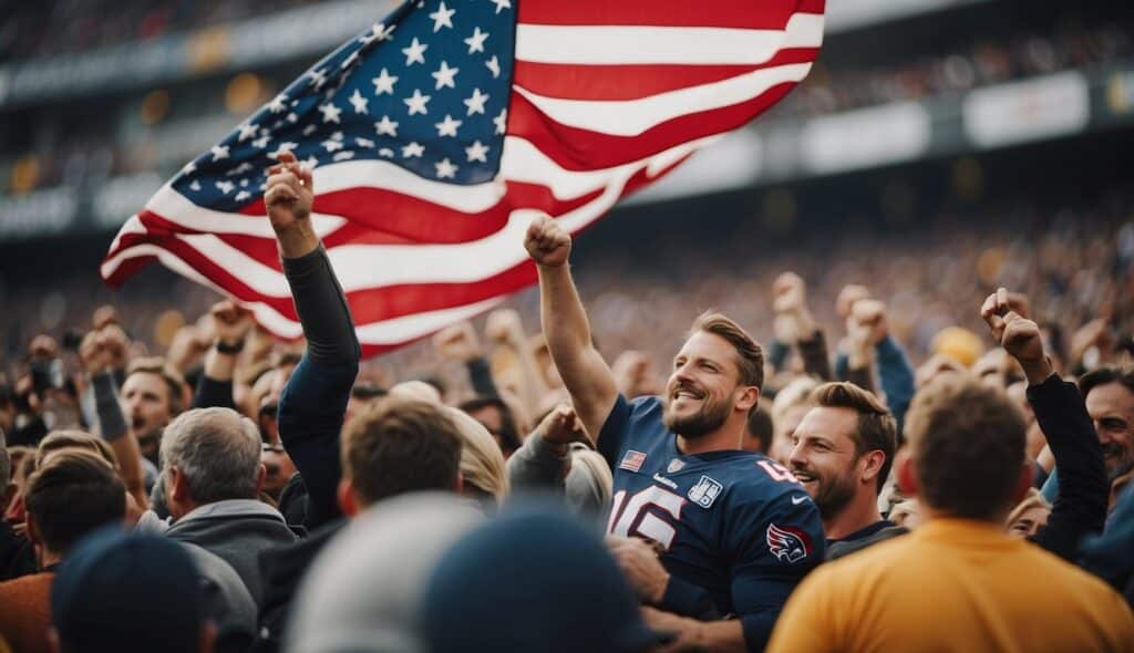 A crowd cheers as American football teams and players are celebrated in Germany. Flags wave and fans wear team colors