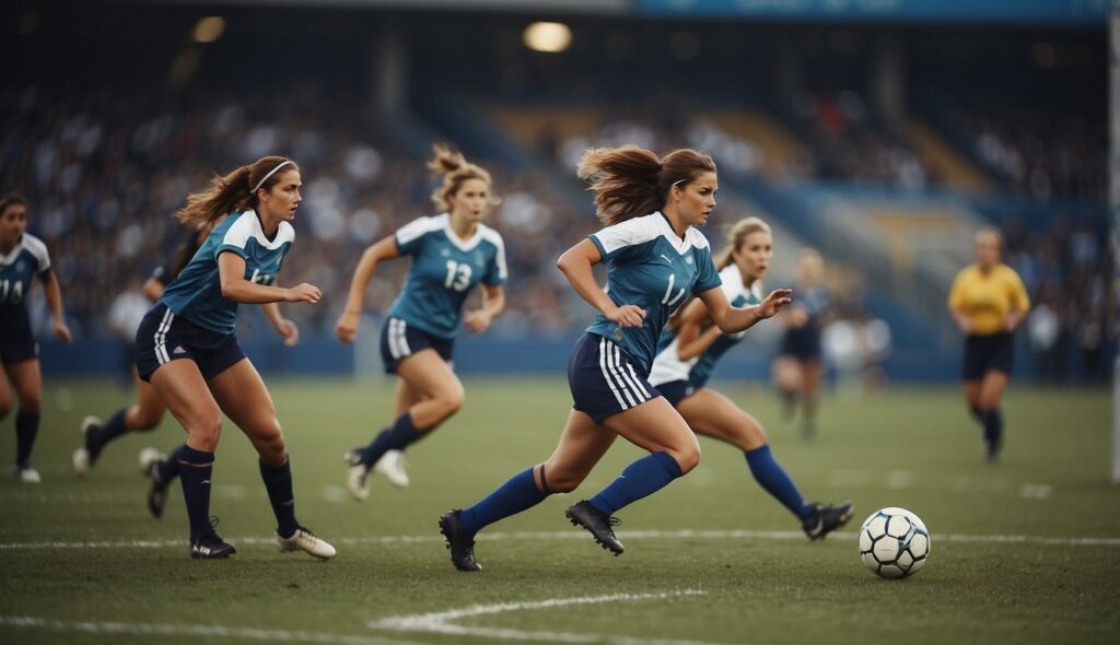 Female football players in action on the field, tackling and passing, with spectators cheering in the background