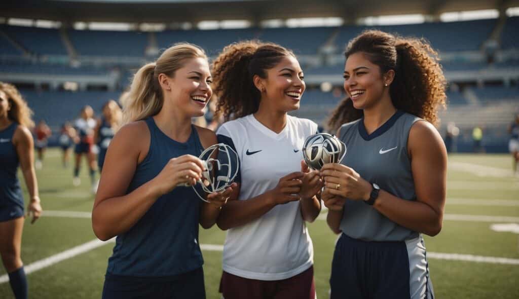 A diverse group of women gather on the football field, laughing and cheering as they work together to perfect their game strategy