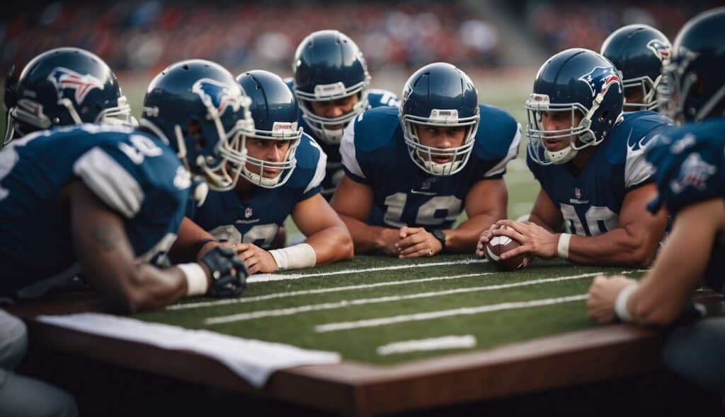 A group of American football players strategizing and planning their team's formation and goals