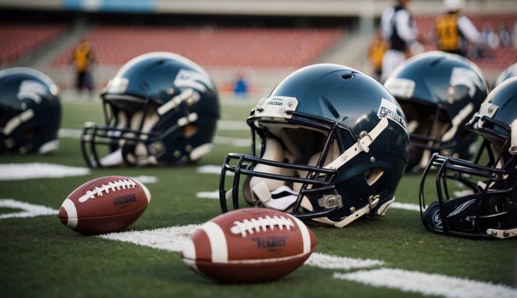 An American football team's equipment, penalties, and officials' setup