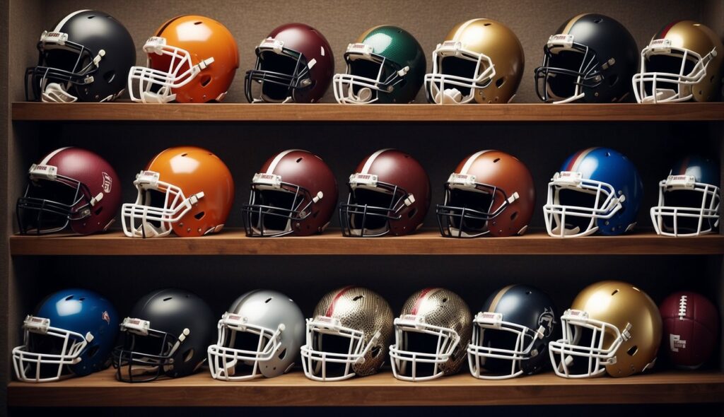 A selection of American football helmets and gear displayed on a shelf