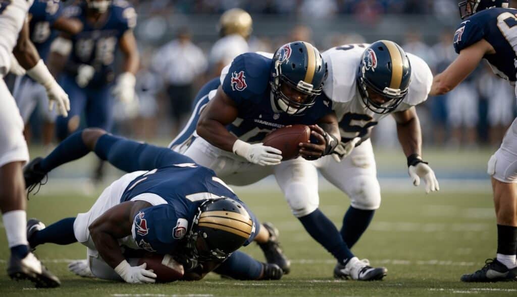 Players in American football engage in intense physical contact, leading to frequent injuries. The scene shows a player tackling another, with medical staff on standby