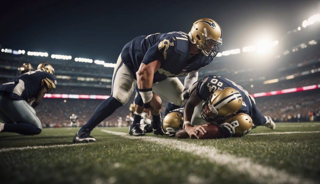 The scene depicts a football player undergoing treatment and rehabilitation for injuries, focusing on injury prevention in American football