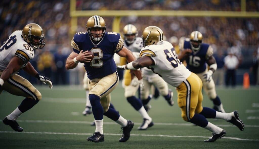 Iconic American football games and championships in action, with cheering crowds and intense gameplay