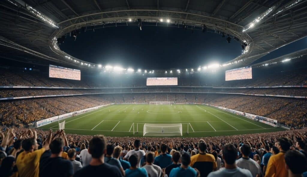 A crowded football stadium with cheering fans and players in action, surrounded by banners and signs displaying famous players and record-breaking achievements