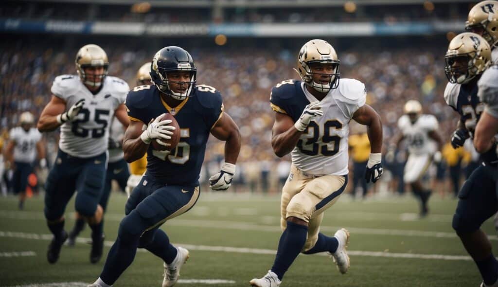 A football game unfolds on a crowded field, players in motion, tackling and passing, with a cheering crowd in the background