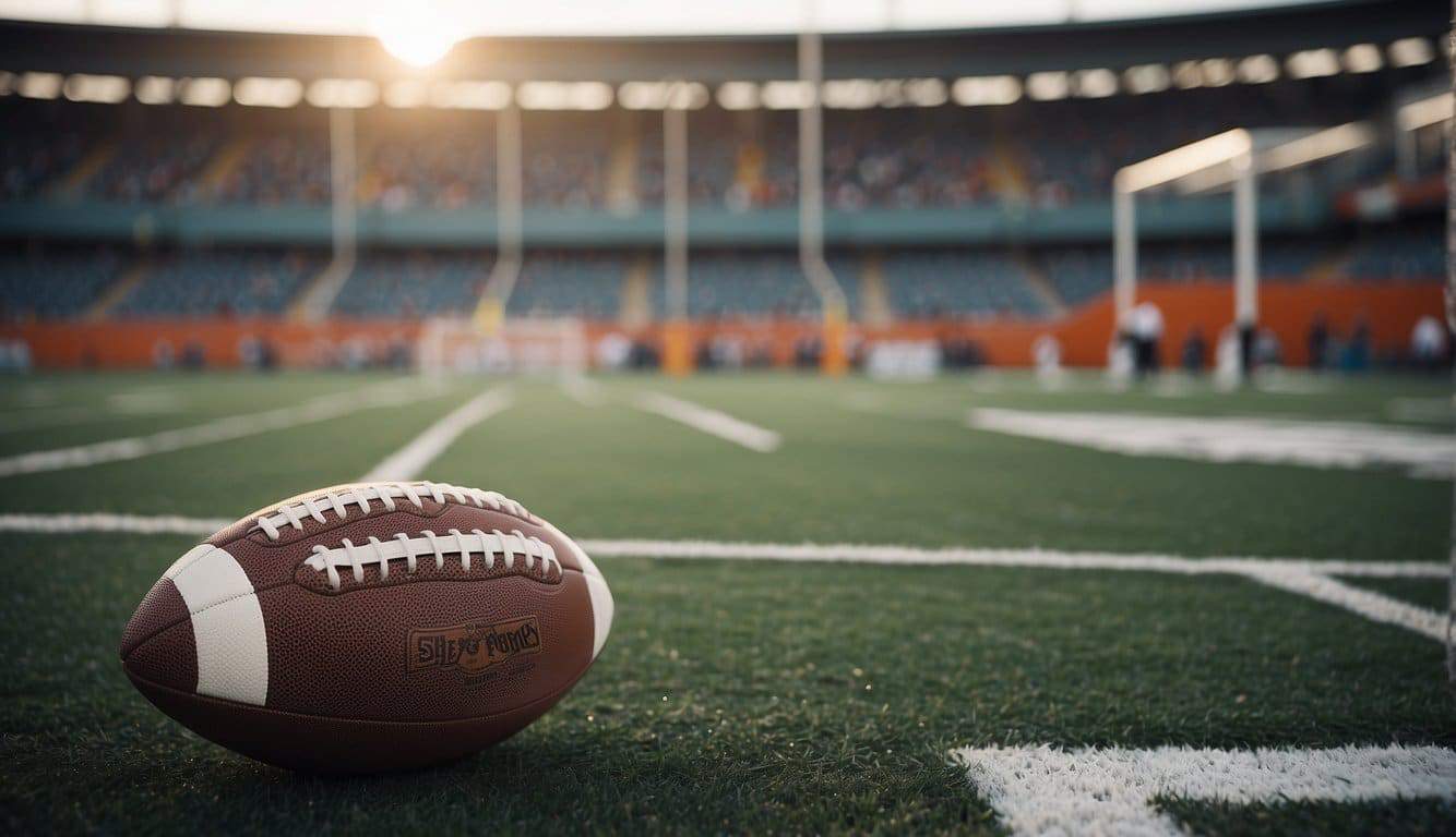 A football field with goalposts, yard lines, and team benches