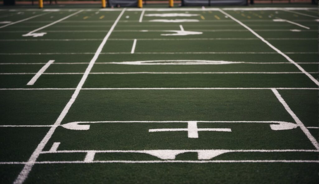 A football field with marked yard lines, end zones, and goal posts