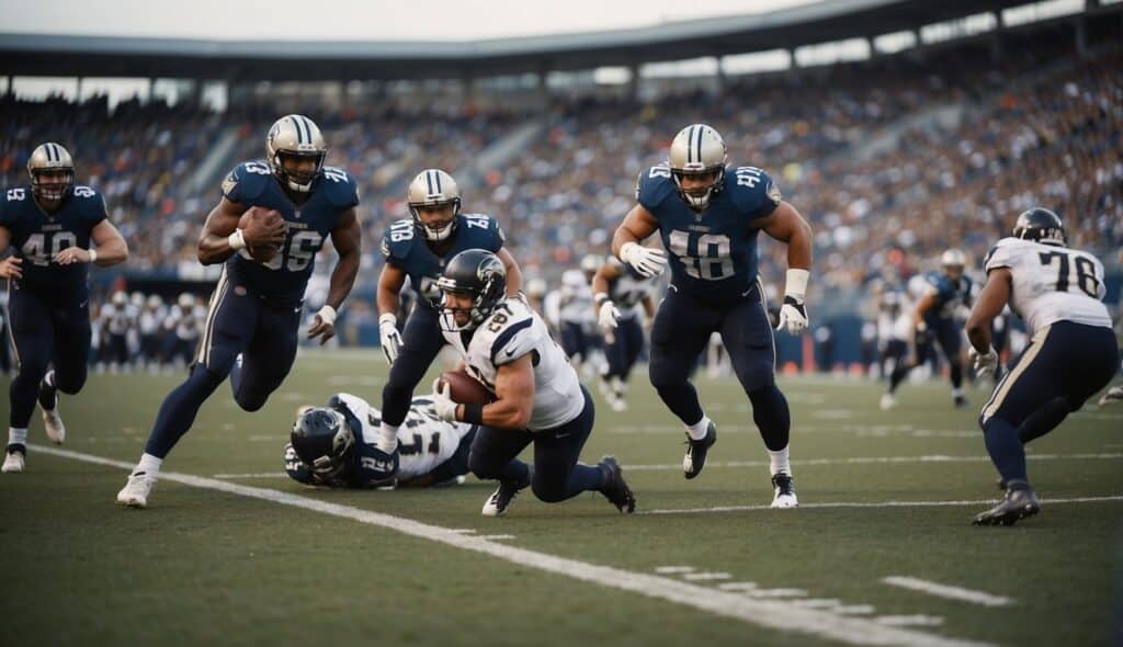 Players in various positions move across the American football field, following the game's progression