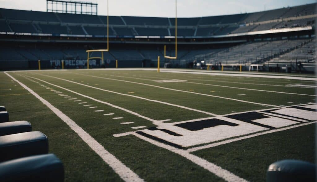 A football field with goalposts, yard markers, and team benches, illustrating the history and culture of American football